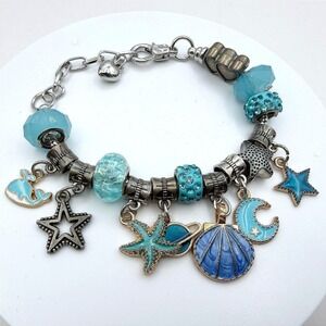 Vintage Aqua Blue Charm Bracelet Beaded‎ Ocean Sea Starfish Moon Y2K 90s 2000s